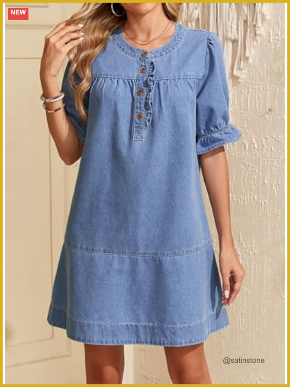Denim Babydoll Dress Flare Short Sleeve Button Front Ruffle Cuff A-Line Mini - Picture 6 of 7